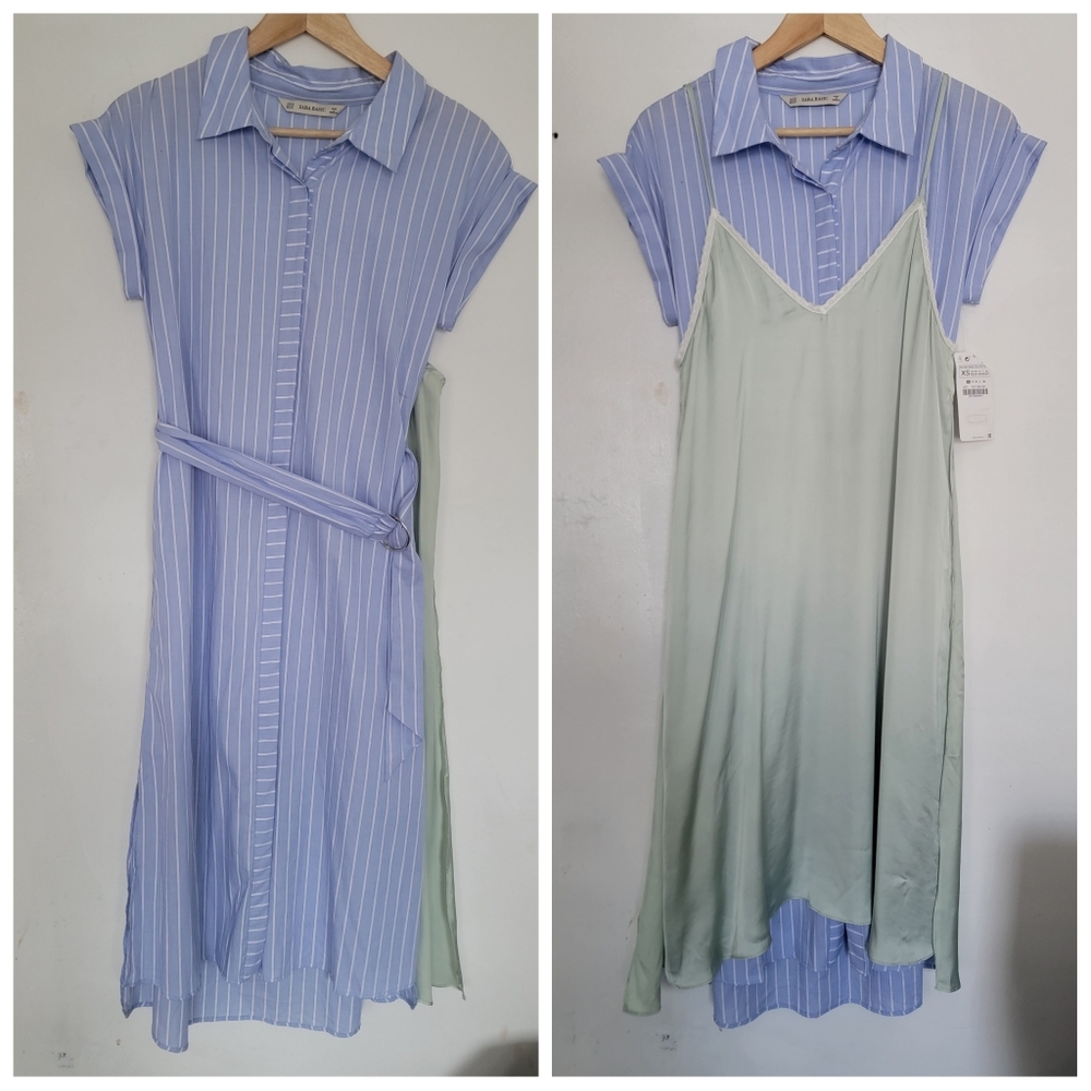 🎀🆕️ Zara XS Mint Slip over Striped Light Blue Shirt Dress with Belt